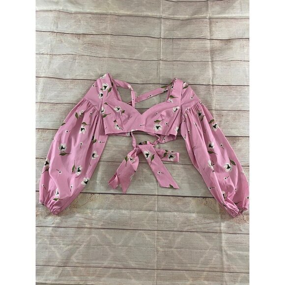 Milly Women's Pink Floral Long Sleeve Crop Blouse - Medium - Picture 4 of 10